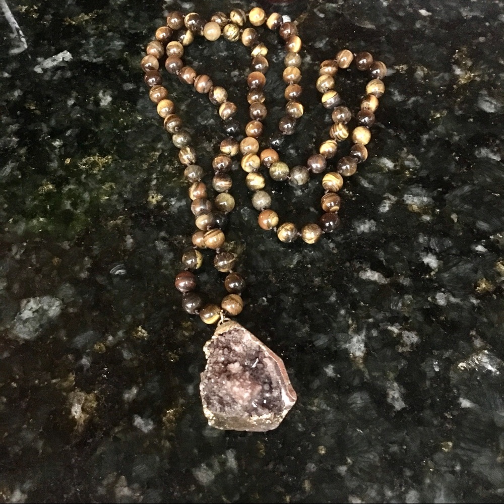 Natural Tiger Eye Druzy Pendant Necklace - Picture 3 of 6